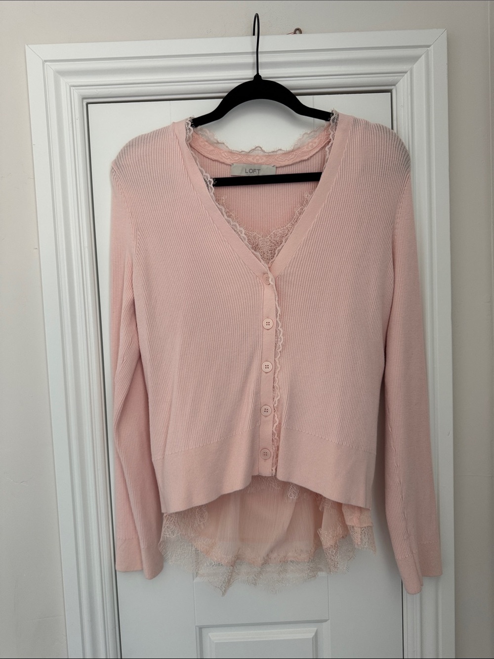 LOFT Blush Pink Lace-Trim Button Front Cardigan& camisole